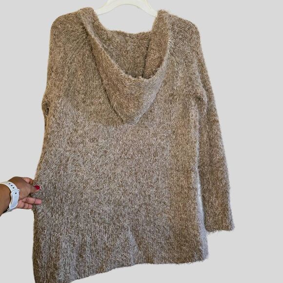 Anthropologie Sleeping on Snow Fuzzy Hooded Cardigan Tan S Soft Cozy Open Front - Picture 7 of 15